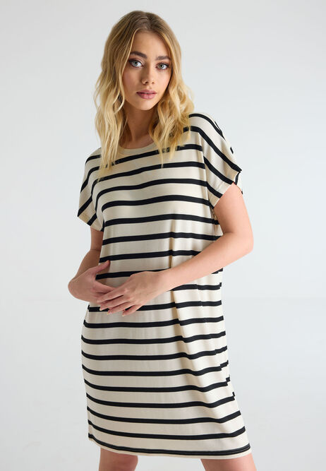 Womens Cream & Black Stripe T-shirt Mini Dress