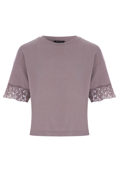 Womens Brown Acid Wash Short Lace Sleeve T-shirt