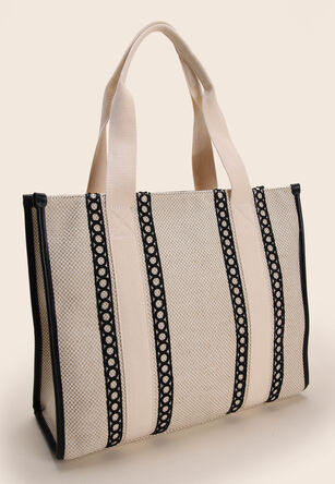 Womens Natural Canvas Stripe Shopper Tote Bag