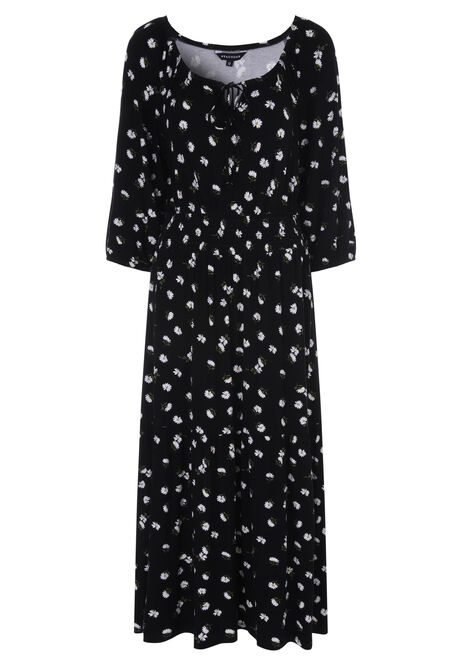 Womens Black & White Daisy Print Tiered Dress