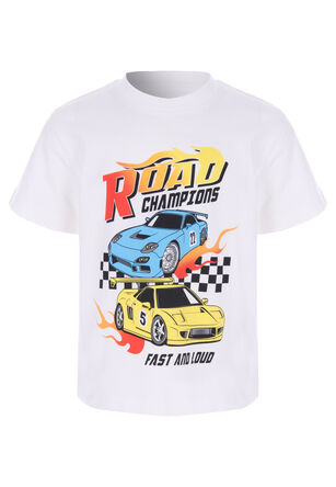 Younger Boys Ecru Cotton Cars Graphic T-Shirt