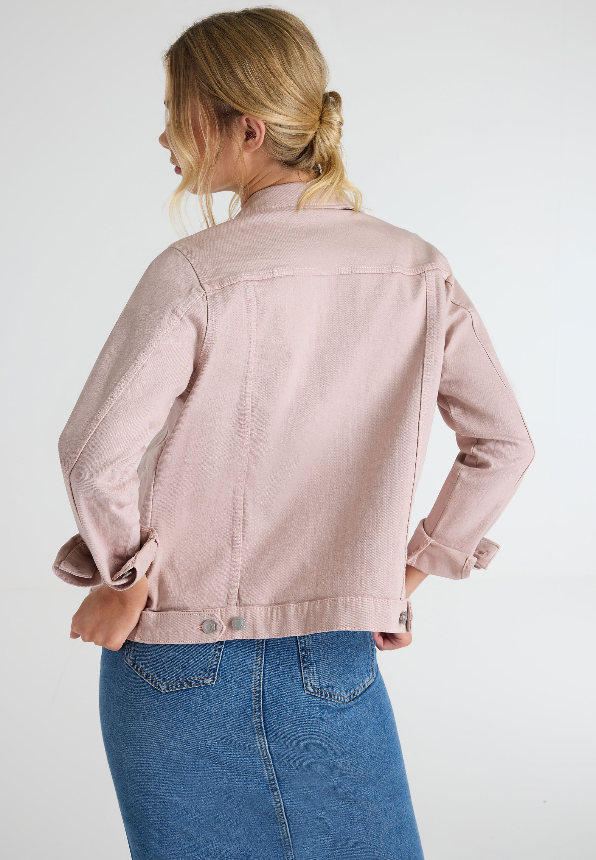 Pink long denim jacket shop