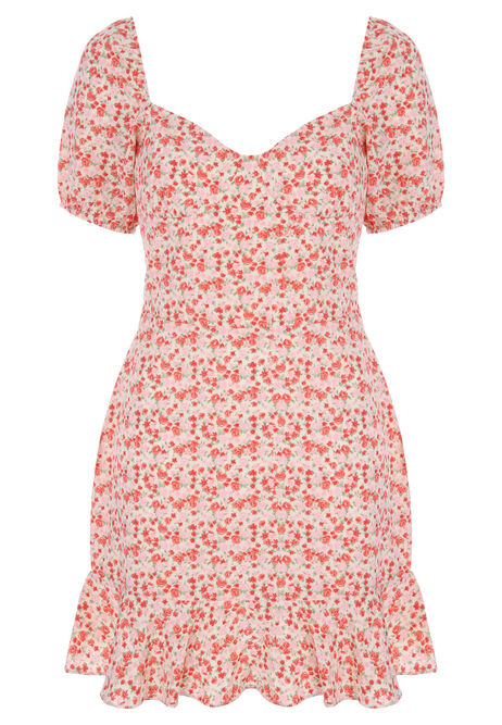Womens Pink & White Floral Sweetheart Dress