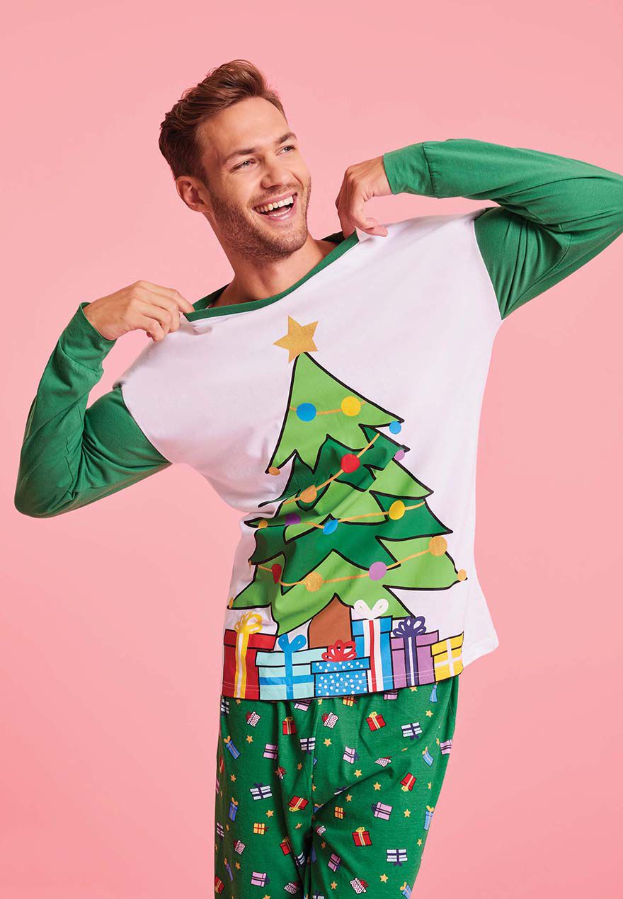 Mens Green Christmas Tree Novelty Pyjama Set Peacocks