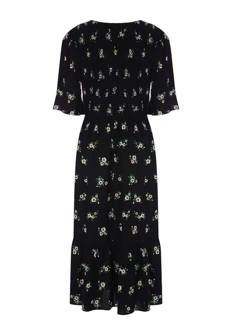 Womens Black Floral Shirred Waist Midi Dress | Peacocks
