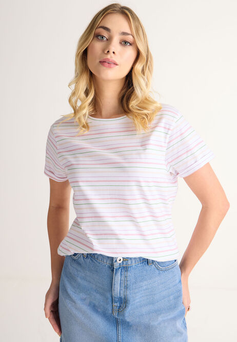 Womens White Stripe Print Roll Sleeve T-shirt