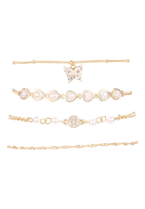 Womens 4pk Gold Pearl Chain Bracelets