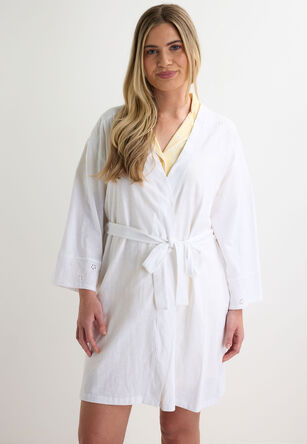 Womens White Cotton Broderie Trim Dressing Gown