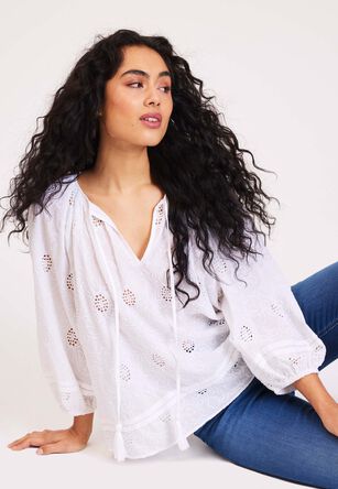 Womens White Broderie Gypsy Blouse