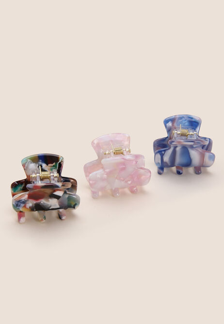 Womens 3pk Brown, Pink & Blue Marbled Mini Claw Hair Clips