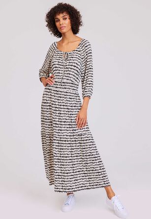 Womens Black & White Spot Print Tiered Dress