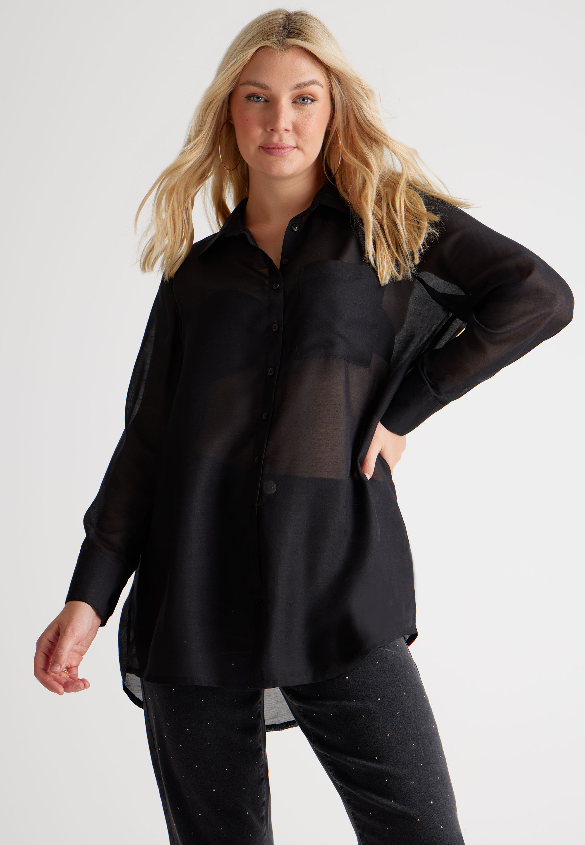 Womens Black Sheer Longline Shirt Peacocks