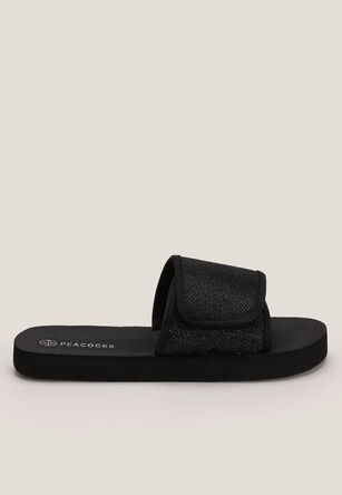 Womens Black Glitter Velcro Sandal Slider