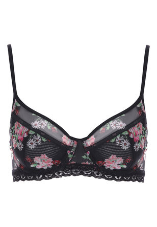 Womens Black & Pink Floral Mesh Non-Padded Bra