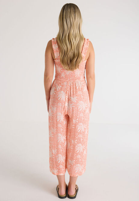 Womens Peach Palm Print Shirred Jumpsuit