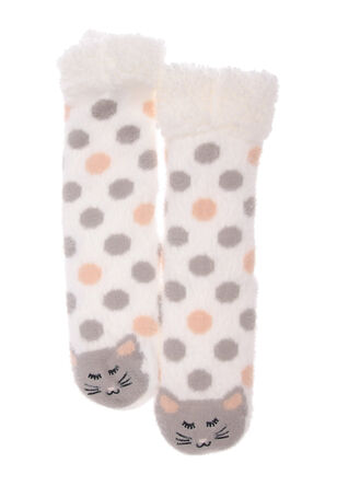 Womens Cream & Grey Cat Novelty Slipper Socks