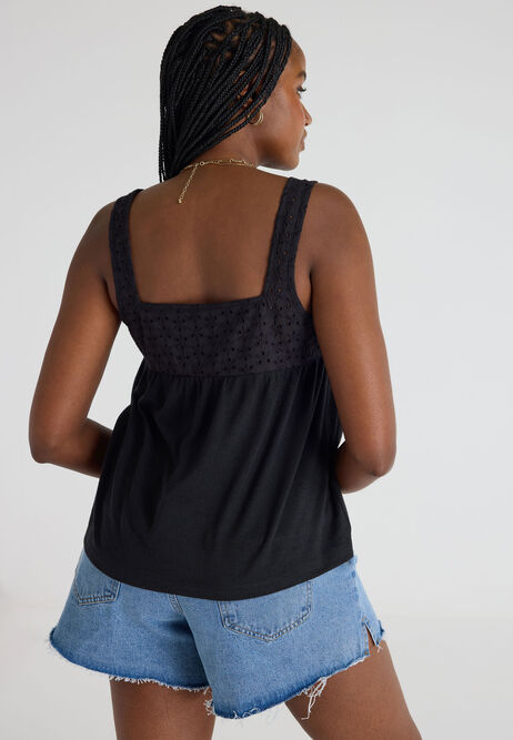 Womens Black Broderie Swing Vest