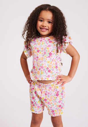 Younger Girl Pink Floral Crinkle Tee & Shorts Set