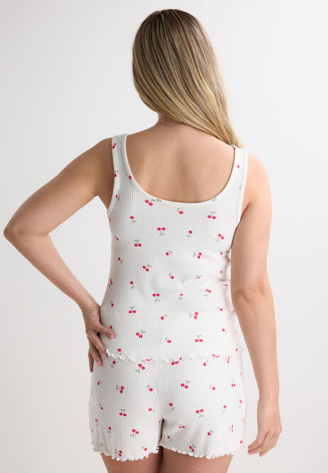 Womens Cream Cherry Print Ribbed Vest & Shorts Pyjama Set