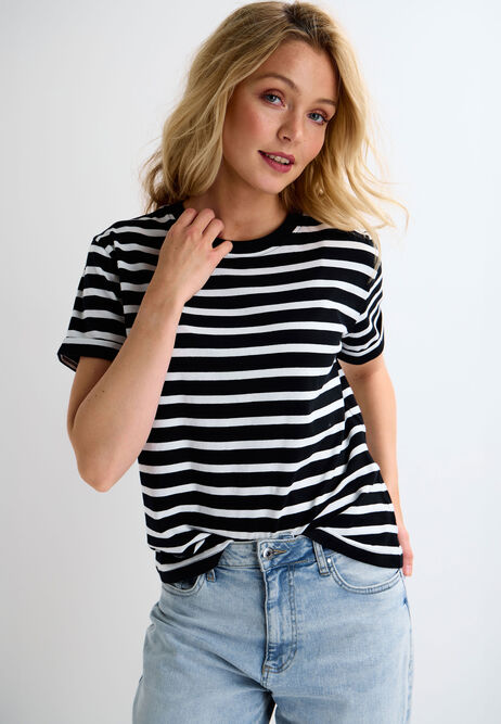 Womens Black & White Stripe Cotton T-Shirt