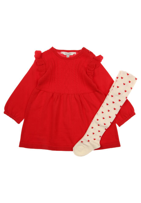 Baby Girls Red Cable Dress and Tights Set Peacocks