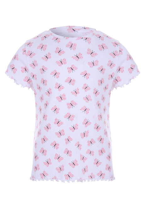 Younger Girls White & Pink Butterfly Print Ribbed Top