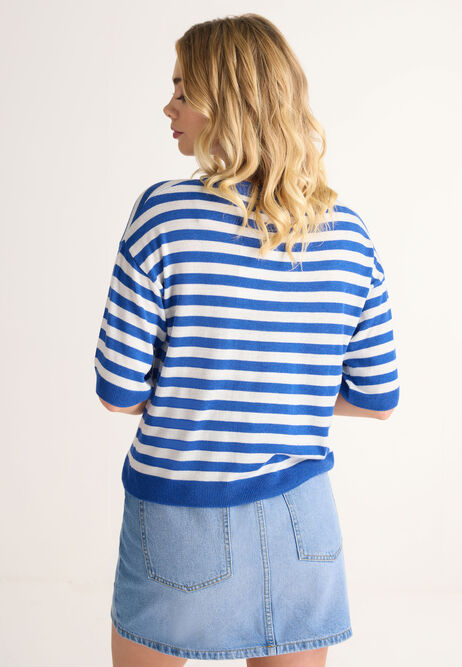 Womens Blue Stripe 3/4 Sleeve Jumper T-shirt