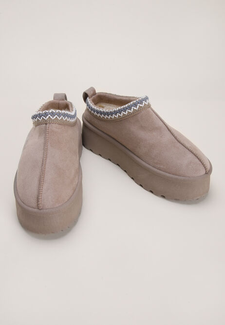 Womens Taupe Embroidered Platform Slip-Ons
