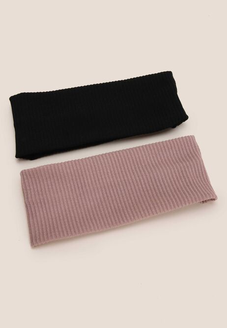 Womens 2pk Black & Pink Ribbed Jersey Headbands