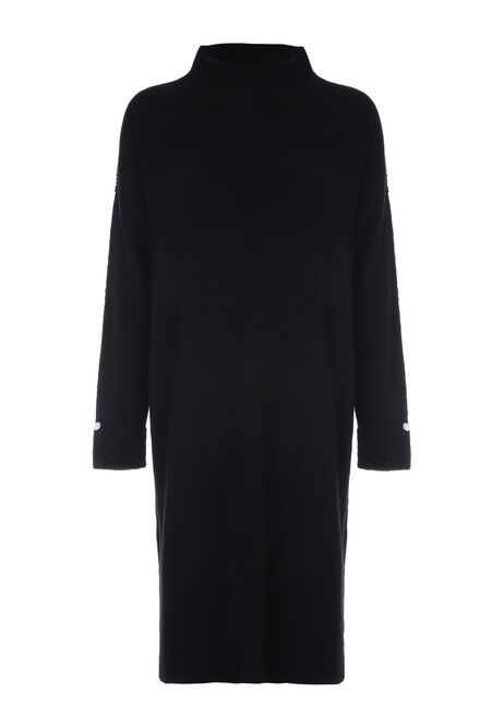 Womens Black Knitted Jumper Dress with Button Cuff Detail