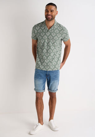 Mens Green Leaf Print Textured Polo Shirt