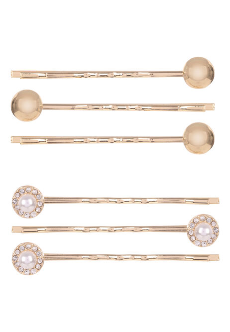 Womens 6pk Gold and Pearl Hair Clips
