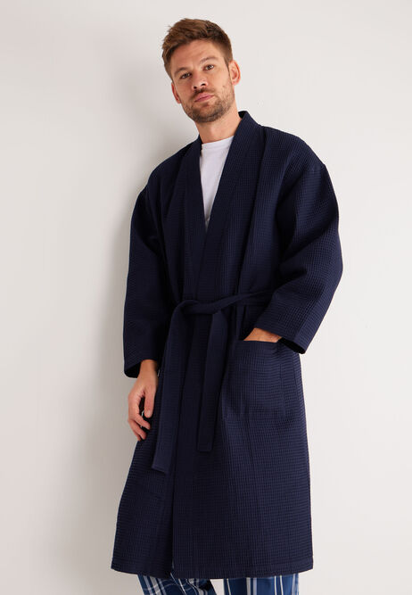 Mens Navy Waffle Dressing Gown Robe