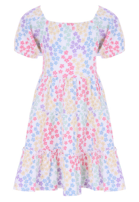 Younger Girls Cream & Multicolour Floral Print Tired Dress