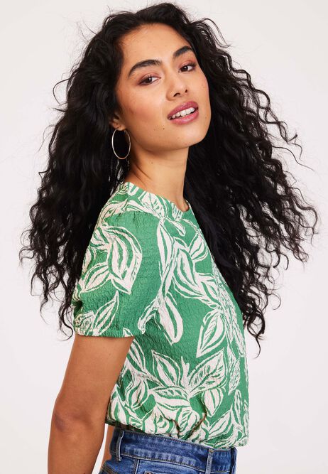 Womens Green Botanical Textured Short Sleeved Shell Top