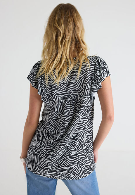 Womens Black Zebra Print Short Sleeved Swing Top