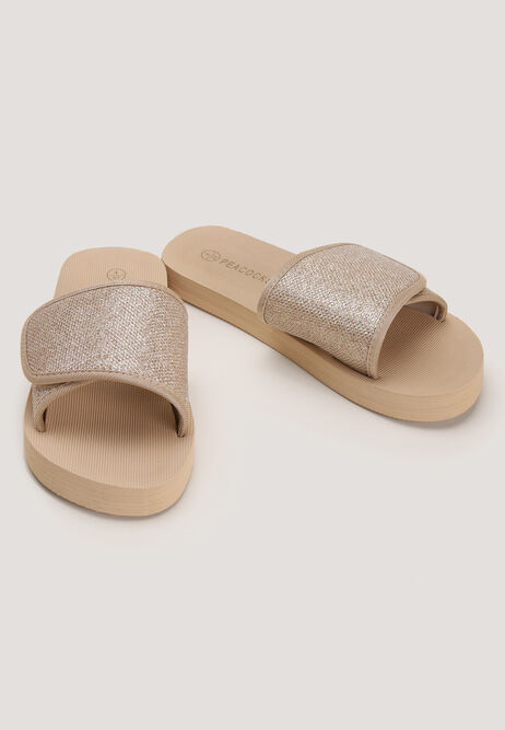 Womens Gold Glitter Velcro Sandal Slider
