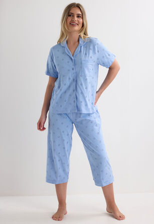 Womens Blue Broidery Anglaise Cropped Pyjama Set