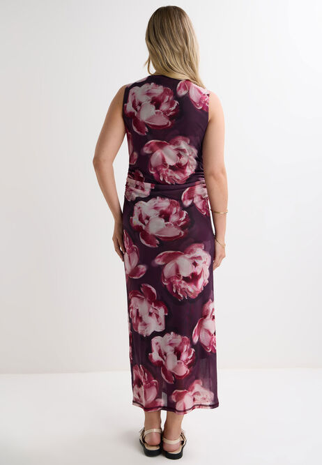 Womens Red Floral Mesh Ruched Sides Midi Dress