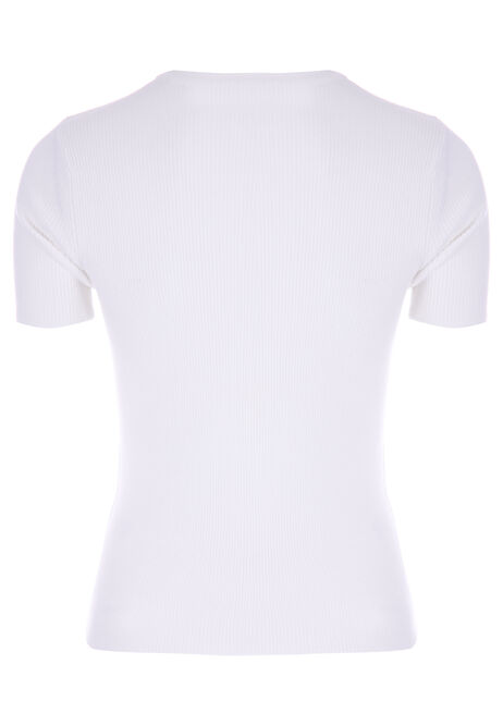 Womens White Plain Ribbed Short Sleeve Jumper