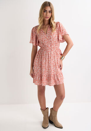 Womens Red Floral Flutter Sleeve Mini Dress