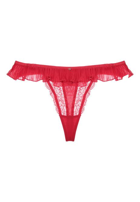Womens Red Pleated Lace Thong