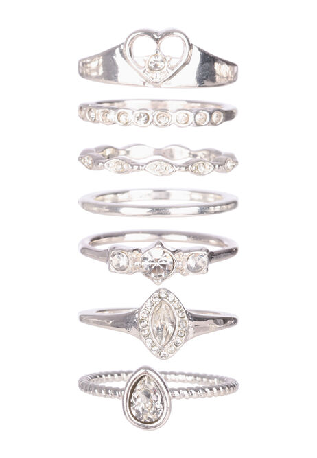 Womens 7pk Silver Diamante Rings