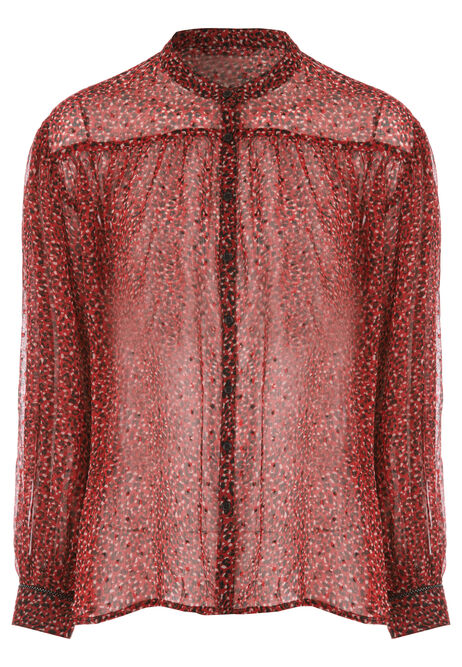 Womens Red Leopard Print Sheer Blouse