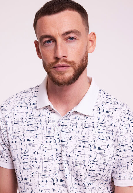 Mens White Sketch Print Short Sleeve Polo Shirt