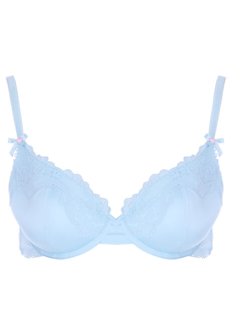 Womens Blue Satin & Lace Balcony Bra