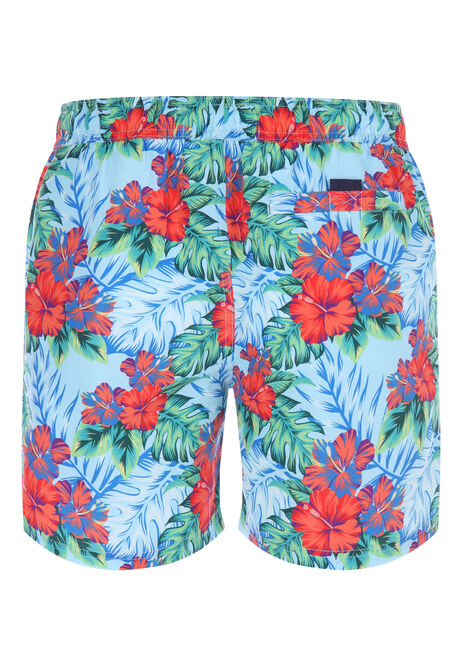 Mens Blue Hibiscus Floral Print Swim Shorts 