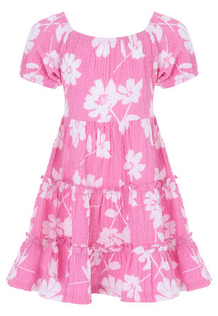 Younger Girls Pink Floral Crinkle Tiered Dress