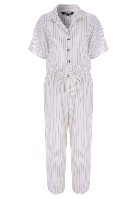 Womens White Stripe Linen Blend Utility Jumpsuit
