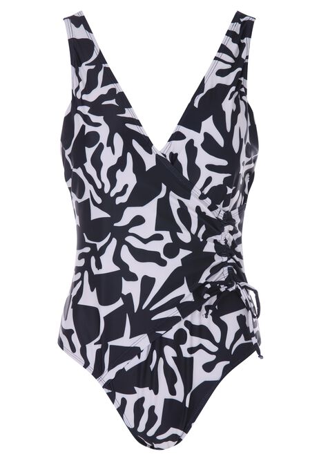 Womens Black Abstract Ruched Swimsuit 